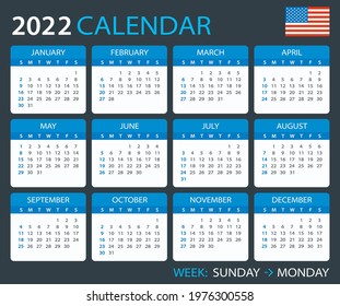 2022 Calendar - vector template graphic illustration - American Version