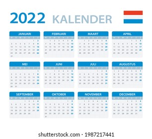 2022 Calendar - vector template graphic illustration - Netherlands version. Translation: Calendar. Names of Months. Names of Days. January, February, March, April, May, June, July, August, September, 