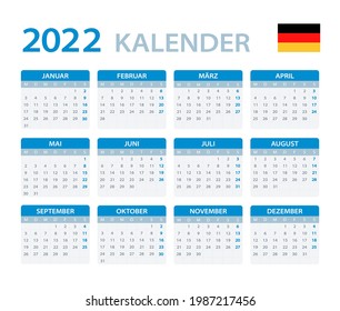 2022 Calendar - vector template graphic illustration - German version. Translation: Calendar. Names of Months. Names of Days. January, February, March, April, May, June, July, August, September, Octob