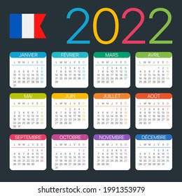 2022 Calendar - vector template graphic illustration - French version. Translation: Calendar. Names of Months. Names of Days. January, February, March, April, May, June, July, August, September