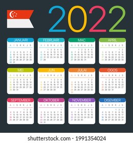 2022 Calendar - vector template graphic illustration - Singaporean version. Translation: Calendar. Names of Months. Names of Days. January, February, March, April, May, June, July, August, September