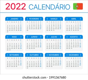 2022 Calendar - vector template graphic illustration - Portuguese version. Translation: Calendar. Names of Months. Names of Days. January, February, March, April, May, June, July, August, September