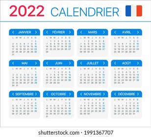 2022 Calendar - Vector Template Graphic Illustration - French Version. Translation: Calendar. Names Of Months. Names Of Days. January, February, March, April, May, June, July, August, September