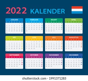 2022 Calendar - vector template graphic illustration - Netherlands version. Translation: Calendar. Names of Months. Names of Days. January, February, March, April, May, June, July, August, September