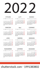 2022 Calendar - vector template graphic illustration - Poland version. Translation: Calendar. Names of Months. Names of Days. January, February, March, April, May, June, July, August, September