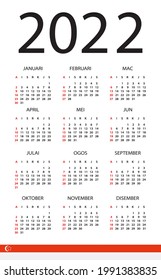 2022 Calendar - vector template graphic illustration - Singaporean version. Translation: Calendar. Names of Months. Names of Days. January, February, March, April, May, June, July, August, September