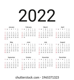 2022 calendar. Vector. Week starts Sunday. Simple calender layout. Desk calendar template. Yearly stationery organizer in minimal style, English. Square shape illustration