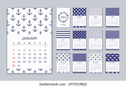 2022 Calendar. Vector. Week starts Sunday. Calender template in nautical, marine style. Yearly organizer with 12 month. Wall year layout. Portrait vertical orientation, English. Navy blue illustration