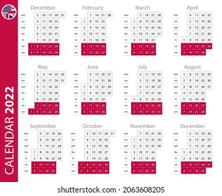 Kalender 2022 mit vertikalem Gitter. VektorKalendervorlage.