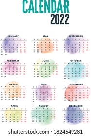 2022 Calendar, watercolour style vector