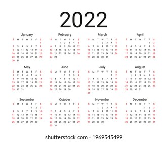 2022 Calendar. Week starts Sunday Yearly calender organizer with 12 months.. Stationery year template. Vector. Layout grid in simple design. Landscape orientation, English
