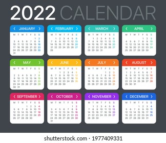 2022 Calendar - Week strats on Monday - vector template graphic illustration