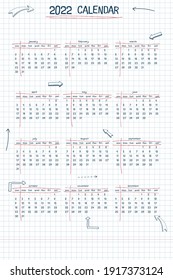 2022 Kalender Wochenplaner und zu tun Liste. handgezeichneter Schrifttyp Text und Elemente, Stil der Schulnote, Schachbrettmuster mit Linien-Kunstpfeilen und Rahmen.