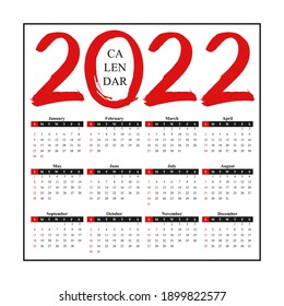 2022 calendar white page diary desktop. Week Start Sunday. Business day and month planner template. Chinese calligraphy red number 2022. Vector mock up illustration