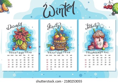 2022 Calendar Winter. Funny cartoon Euphorbia pulcherrima in a basket of scarf, tub with tangerines, drink with cookies. For print on demand, keynote presentations, magazines and newspapers, book cov