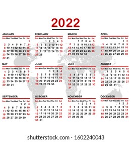 2022 calendar with world map