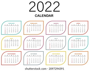 2022 Calendar. 2022 Year Wall Calendar in English. 12 month model for new year. Use for printing, editing, and wall decor. EPS 10 vector