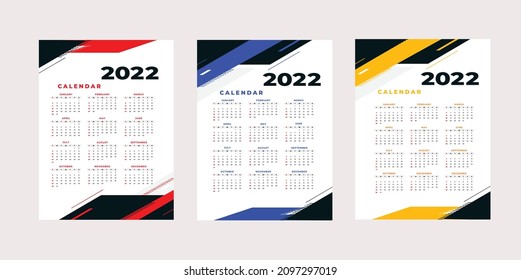 Calendario 2022. Calendario De Paredes De 2022. Tres plantillas de Año Nuevo de 12 meses. Se utiliza para imprimir, editar y decorar las paredes. Vector EPS 10