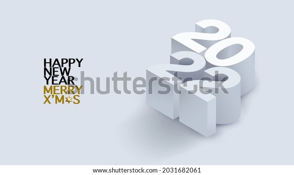 2022 calligraphy with 3d numbers on white\
background of Happy New Year celebration for flyers, posters,\
business decoration sign, brochure, card, banner, postcard. Vector\
illustration