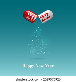 2022 capsule and powder in the shape of a Christmas tree on a blue background. Happy New Year card or square banner concept 