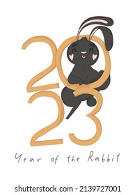 2022 card or cover with cute rubbit illustrations. Year of the black rabbit. Cute bunny. Festive vector card template for one month  with Chinese symbol of the New Year.