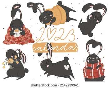2022 card or cover with cute rubbit illustrations. Year of the black rabbit. Cute bunny. Festive vector card template for one month  with Chinese symbol of the New Year.