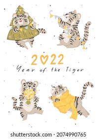 2022 card or cover with cute tiger illustrations. Festive vector card template for one month  with Chinese symbol of the New Year.