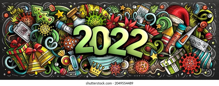 2022 Cartoon cute doodles New Year and Coronavirus illustration. Colorful detailed, with lots of objects background. All objects separate. Greeting card with Christmas and Covid symbols and items