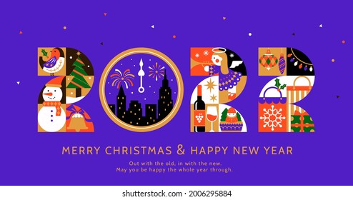 2022 Celebration Poster Designed With Retro Pattern In Flat Style. Concept Of Winter Activity And New Year's Eve Party.