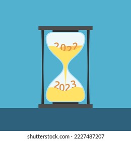 2022 changing to 2023 inside hourglass. New year, time, anticipation, celebration, deadline, start and end concept. Flat design. Vector illustration. EPS 8, no gradients, no transparency