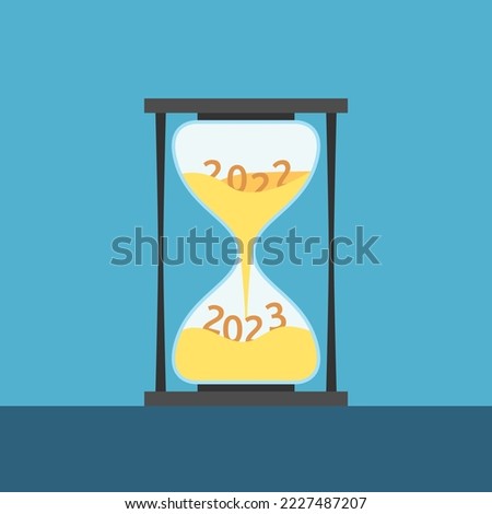 2022 changing to 2023 inside hourglass. New year, time, anticipation, celebration, deadline, start and end concept. Flat design. Vector illustration. EPS 8, no gradients, no transparency
