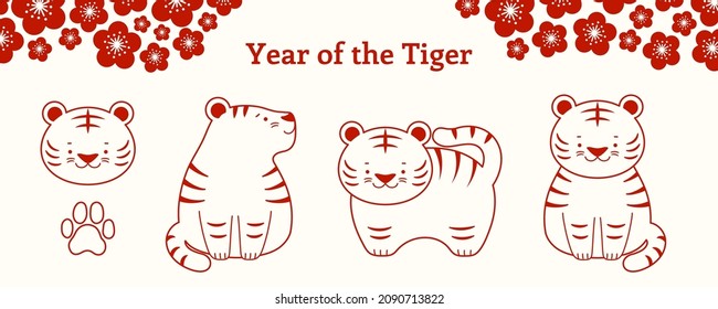 2022 Chinese Lunar New Year cute tigers collection, flowers, red on white background. Hand drawn vector illustration. Line drawing. Design concept for holiday card, banner, poster, decor element.