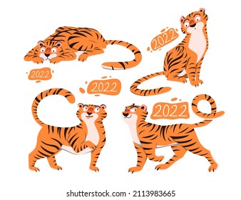 2022, Chinese New Year greeting card with funny tiger cubs set vector illustration. prosperity oriental lucky symbol in postcard, poster decoration isolated on white. Cartoon happy cute wild animals