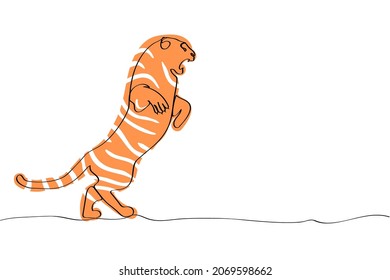 2022 chinese new year of the tiger, linear character. The single-line tiger got up on its hind legs.