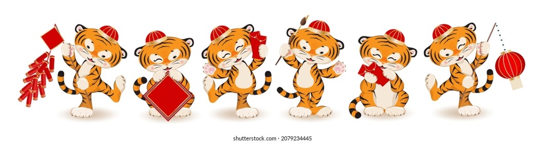 2022 Chinese new year of the tiger mascot. Set of cute and cool little tiger cubs wearing traditional chinese hats happy dancing with lantern, firecrackers, red gift envelopes, blank banner, a brush.