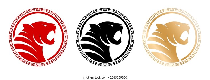 2022 Chinese new year of Tiger. Red, black and gold symbol with traditional decorative ornament. Tiger is symbol of new year 2022