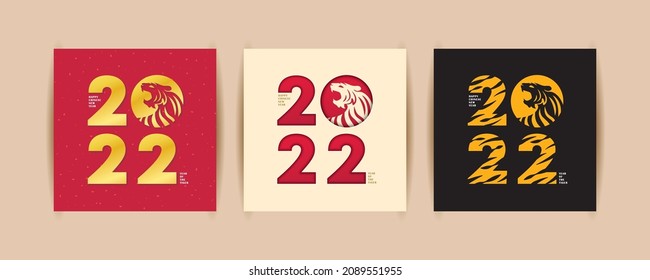 2022 Chinese New Year - Year Of The Tiger Poster Set. Minimalistic Trendy Design Templates With Typography 2022 And Tiger For Season Decoration, Branding, Banner, Cover, Greeting Card, Etc.