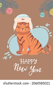 2022 Chinese New Year traditional with Tiger greeting card vector illustration. Cute tiger with hat with ear flaps cartoon character, funny animal. Happy New Year.