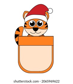 2022 chinese new year zodiac symbol - cute little smiling Tiger in the pocket  with a red Santa hat. Happy Chinese New Year 2022, little tiger cub in a  pocket. cartoon vector illustration white 