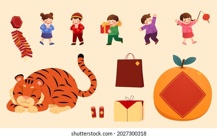 2022 Chinese year of tiger element. Hand-drawn illustration of Asian kids in traditional costumes, tiger of zodiac animals and items for Chinese New Year and Spring Festival