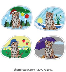 2022 Chinese Year of the Tiger. Four pictures for the seasons: winter, spring, summer, autumn. Vector illustration with a tiger cub.