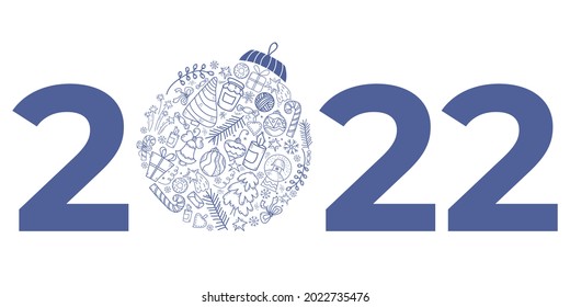 2022 Christmas ball. New Years dark blue ball from linear New Years drawings - gifts, tree, toys, sweets, snow. Vector illustration for design, decor, print and greeting cards