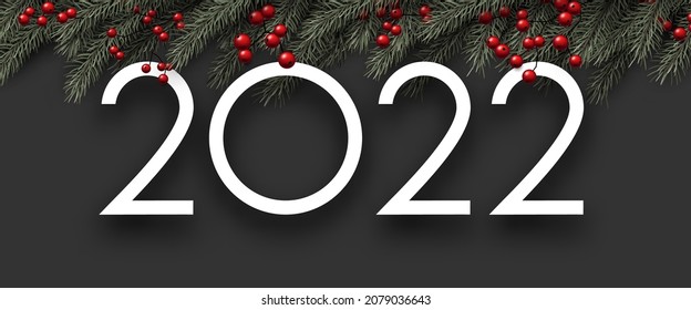 2022 Christmas fir branches with red berries. Vector festive illustration.