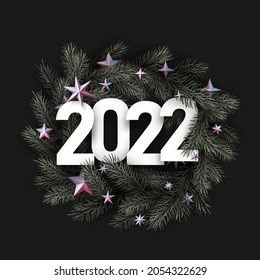 2022 Christmas fir wreath with stars. Vector holiday illustration.