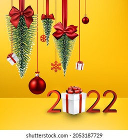 2022 Christmas hanging upside down snowy firs, gift boxes, baubles and snowflakes. Vector holiday illustration.