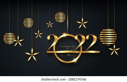 2022 Christmas luxury holiday banner with gold handwritten Merry Christmas and Happy New Year, gold colored Christmas balls. Vector illustration isolated on black background