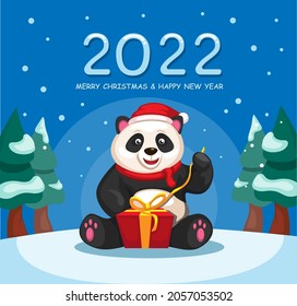 2022 christmas and new year celebration with panda open gift box cartoon illustration vector