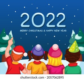 2022 christmas and new year celebration with children from back view cartoon illustration vector