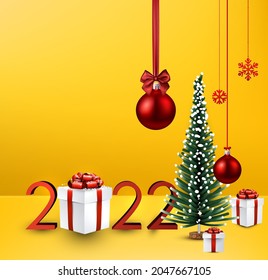 2022 Christmas snowy fir, gift box and hanging bauble and snowflakes. Vector holiday illustration.