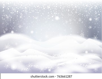 2022 Christmas snowy landscape with beautiful snow mountain, snowflakes falling magic silver sparkles lights transparent snowfall Winter Holiday Happy New Year greeting card blank page template vector
